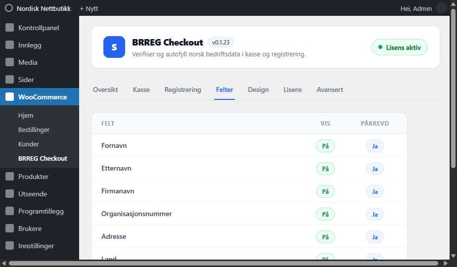 WordPress-admin for BRREG Checkout med feltbehandler og lisensstatus