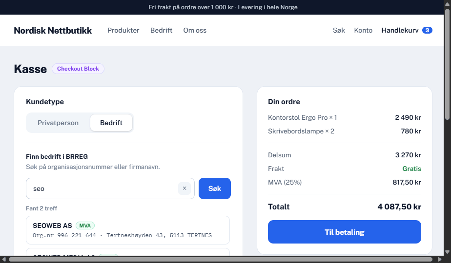 WooCommerce-kasse med BRREG-søk og trefflliste fra Brønnøysundregistrene