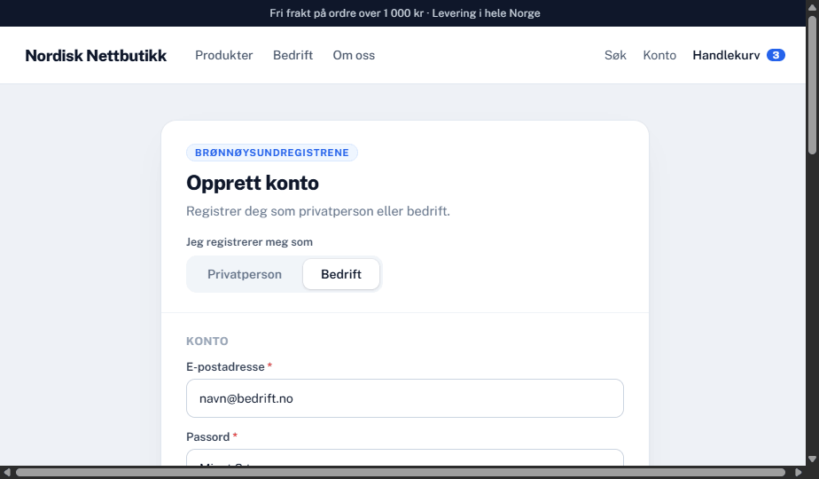 Kontoregistrering der kunden velger privatperson eller bedrift