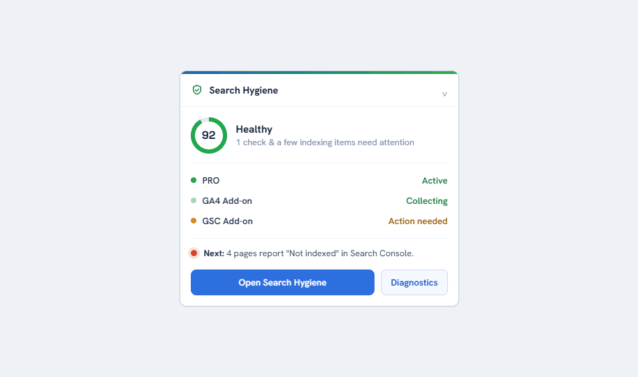 Dashboard-widget med helsescore og modulstatus
