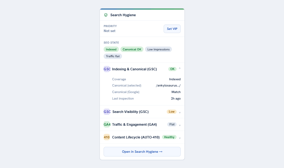 Search Hygiene-panelet i redigeringsvinduet