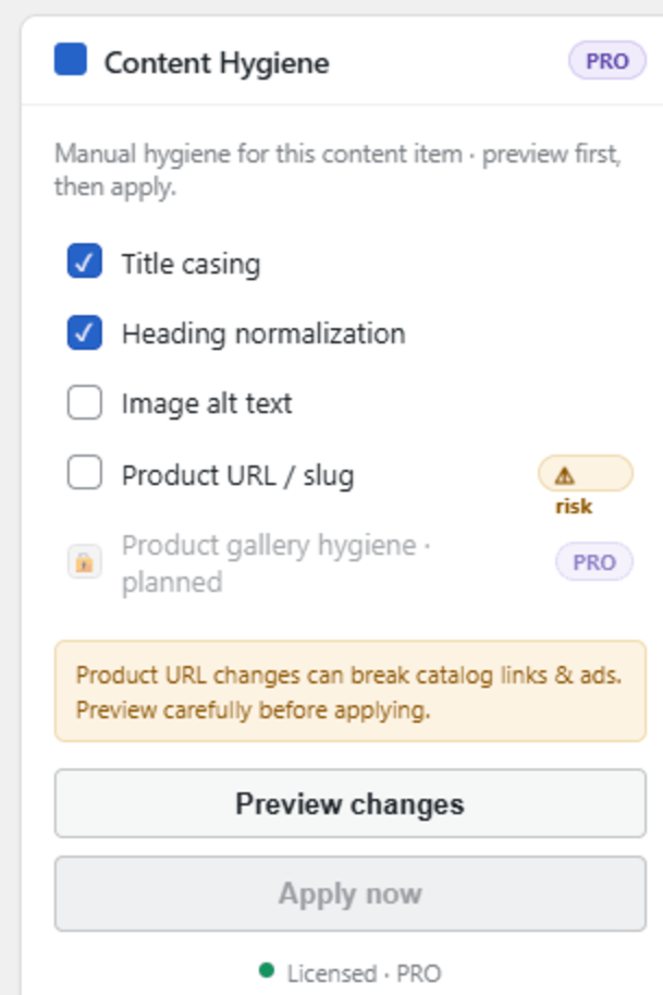 Content Hygiene-panelet i redigeringsvinduet