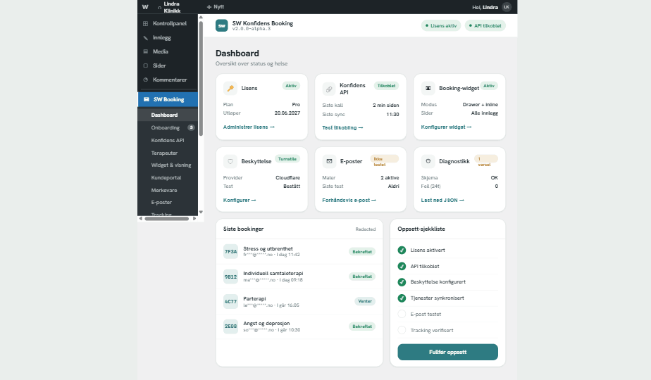 Administrasjonspanel for SW Konfidens Booking i WordPress