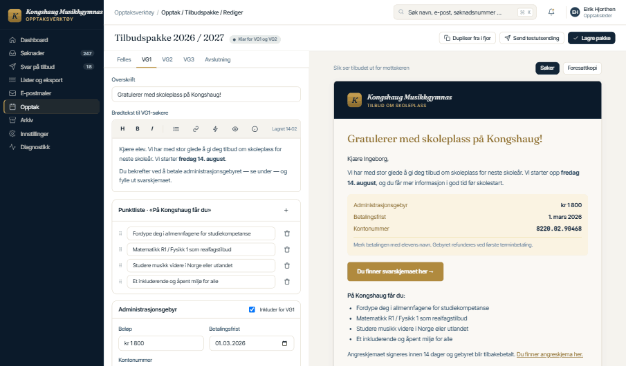 Tilbudspakke-editor med live e-postforhåndsvisning