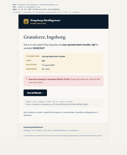 Tilbud om skoleplass slik søkeren mottar det