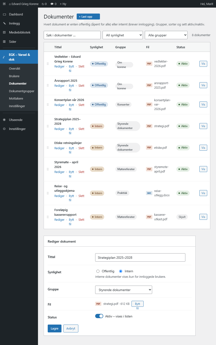 Dokumentadministrasjon i WordPress