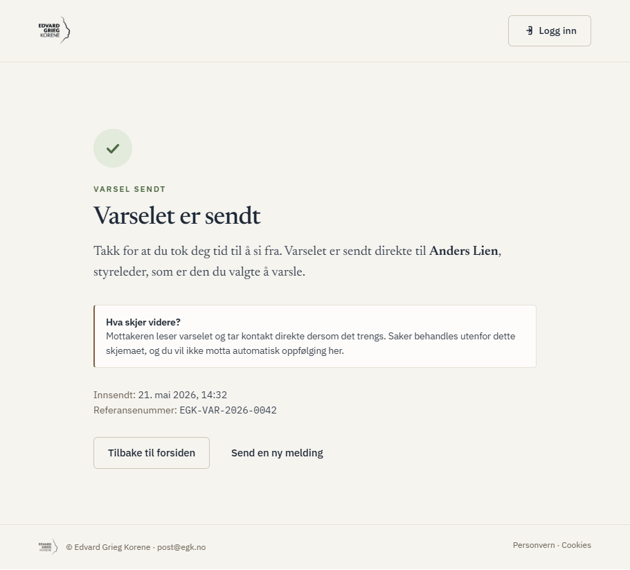 Kvittering med referansenummer etter innsending