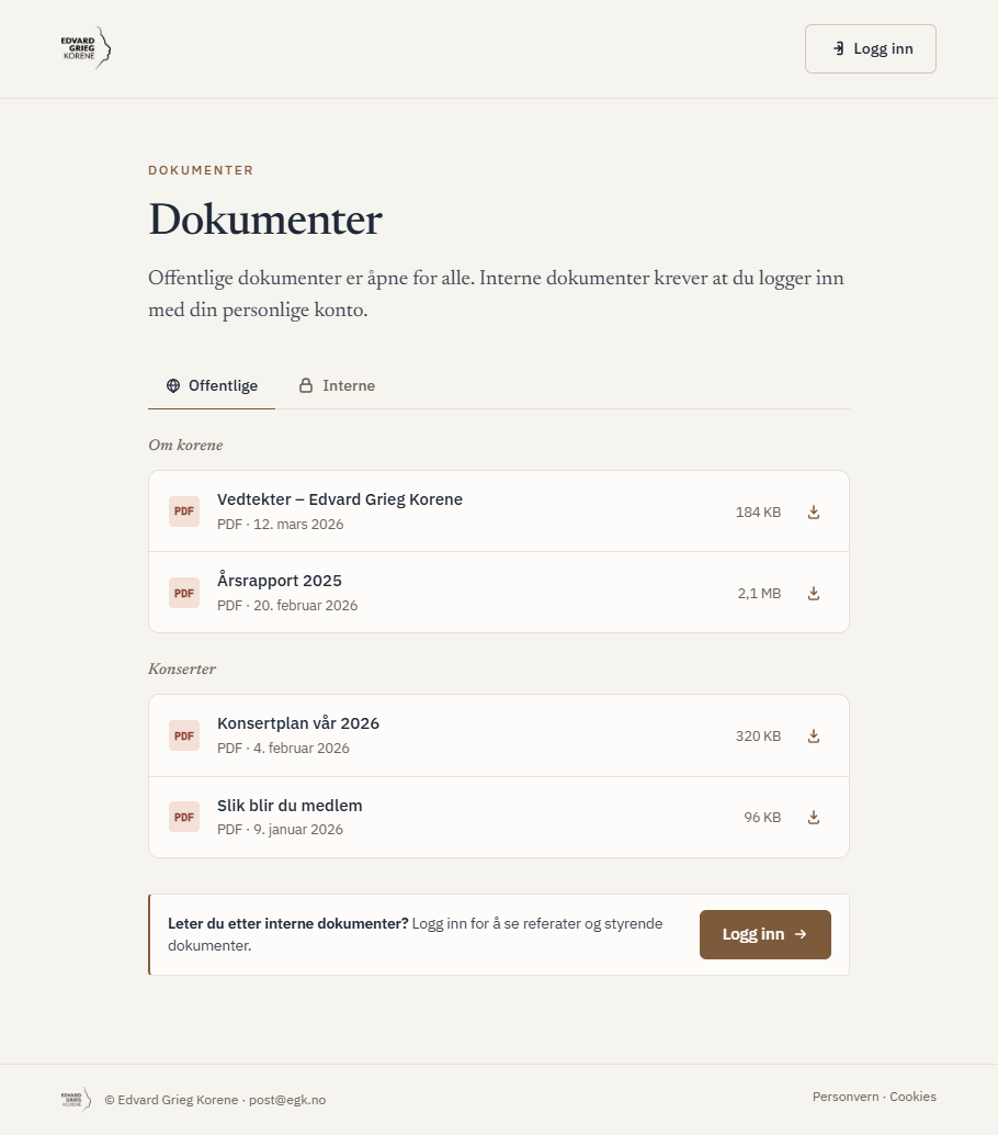 Dokumentlisten med faner for offentlige og interne dokumenter