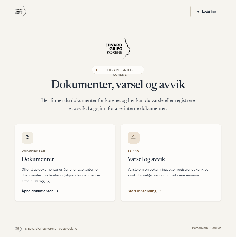 Forsiden til det interne området: dokumenter, varsel og avvik
