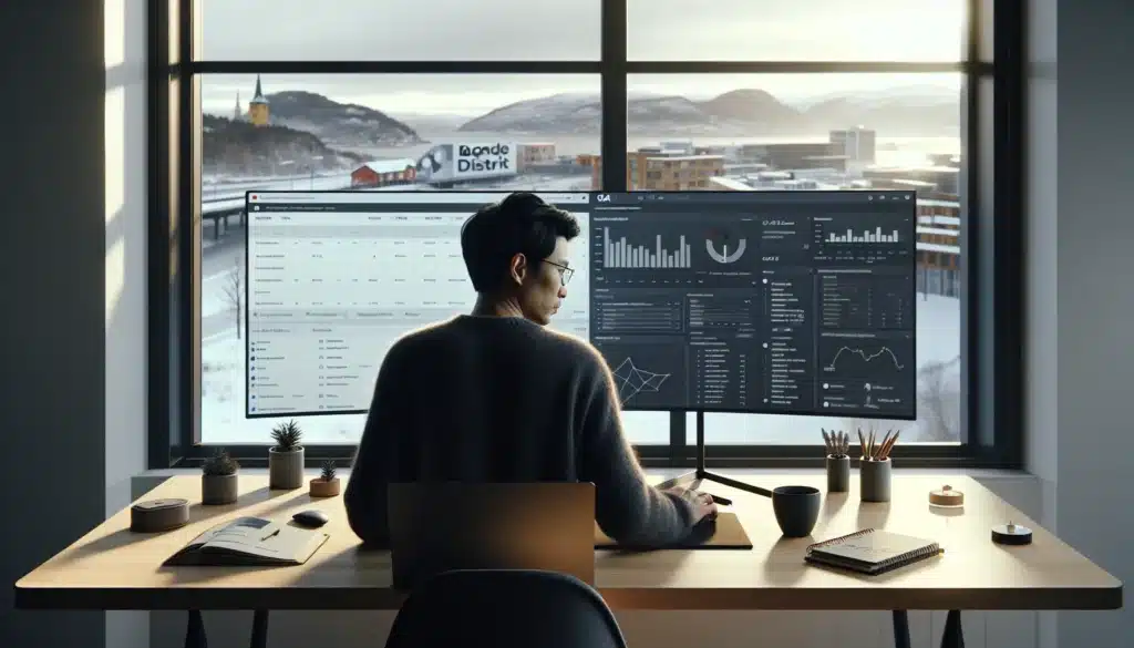 Analyst in oslo reviewing advanced ga4 e commerce tracking on dual monitors