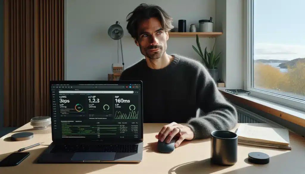 Norwegian developer reviews green core web vitals metrics on a laptop in oslo