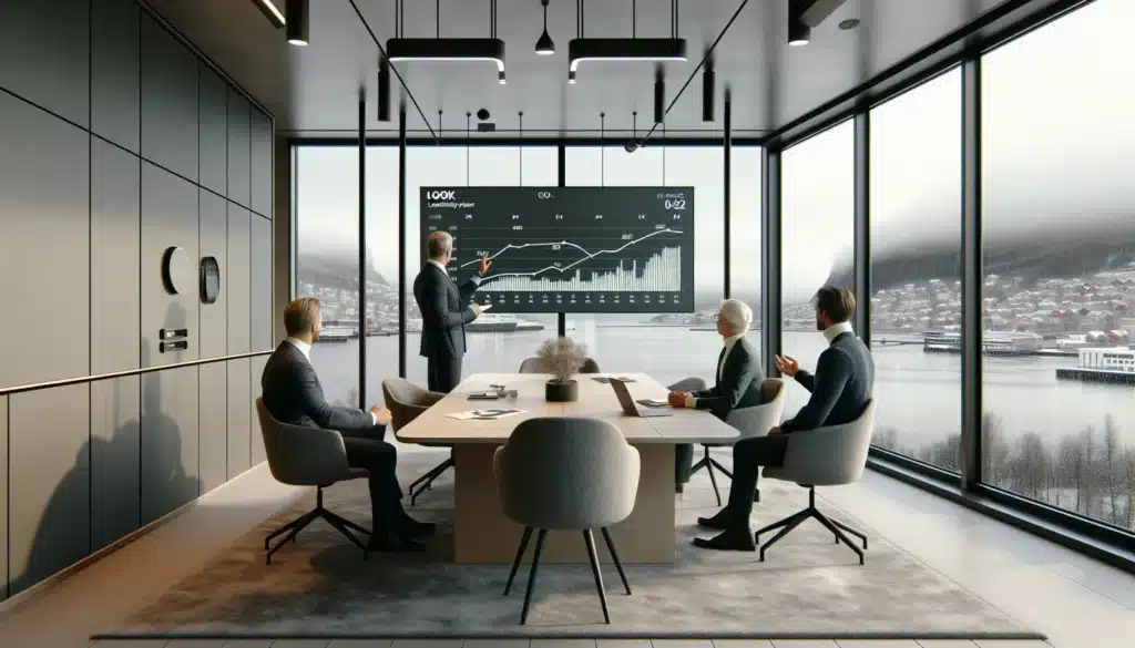 Norwegian executives review a ga4 leadership dashboard in a modern boardroom