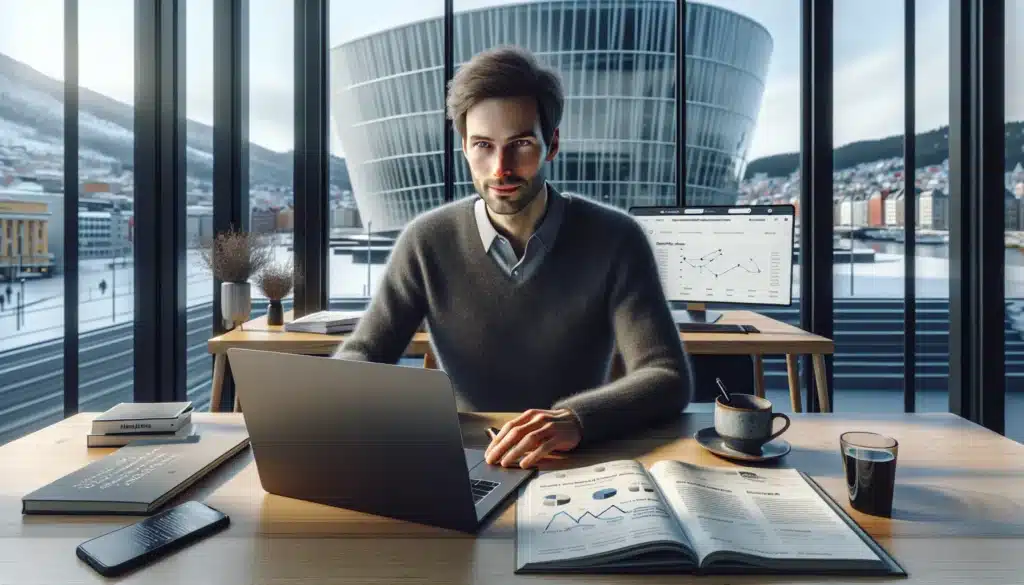 Norwegian marketer mapping local link building strategy in a modern oslo office