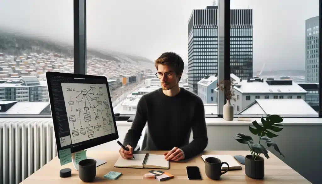 Norwegian marketer mapping topic clusters and internal links in a modern oslo office