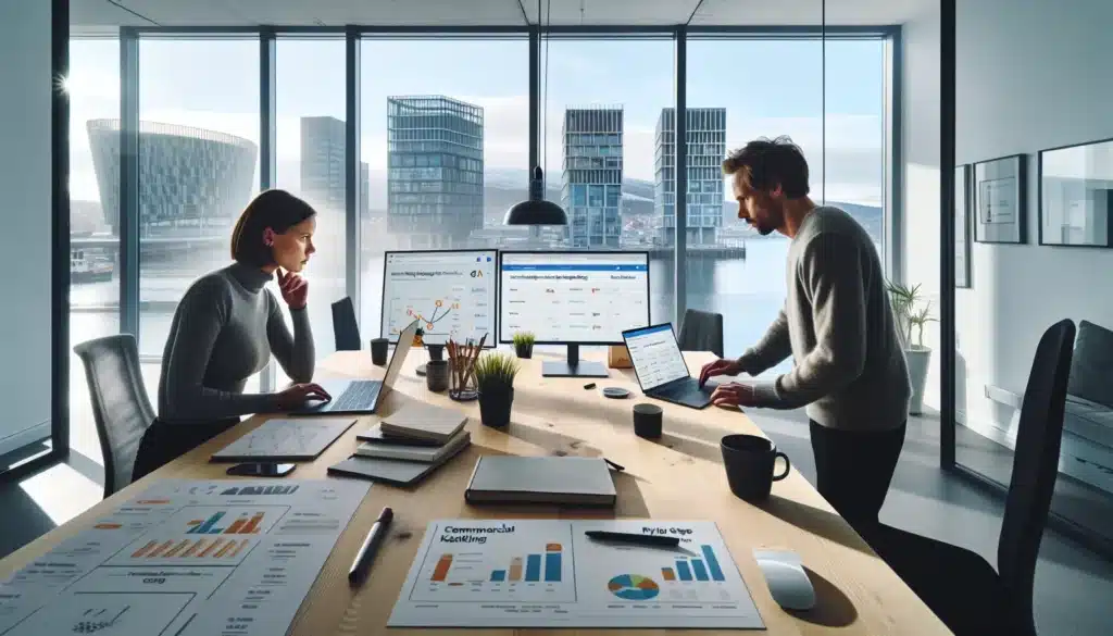 Norwegian marketers map seo to sale strategy in oslo office with dashboards