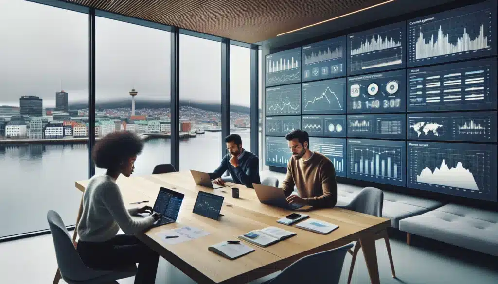 Norwegian marketing team uses ai dashboards in an oslo office with fjord view