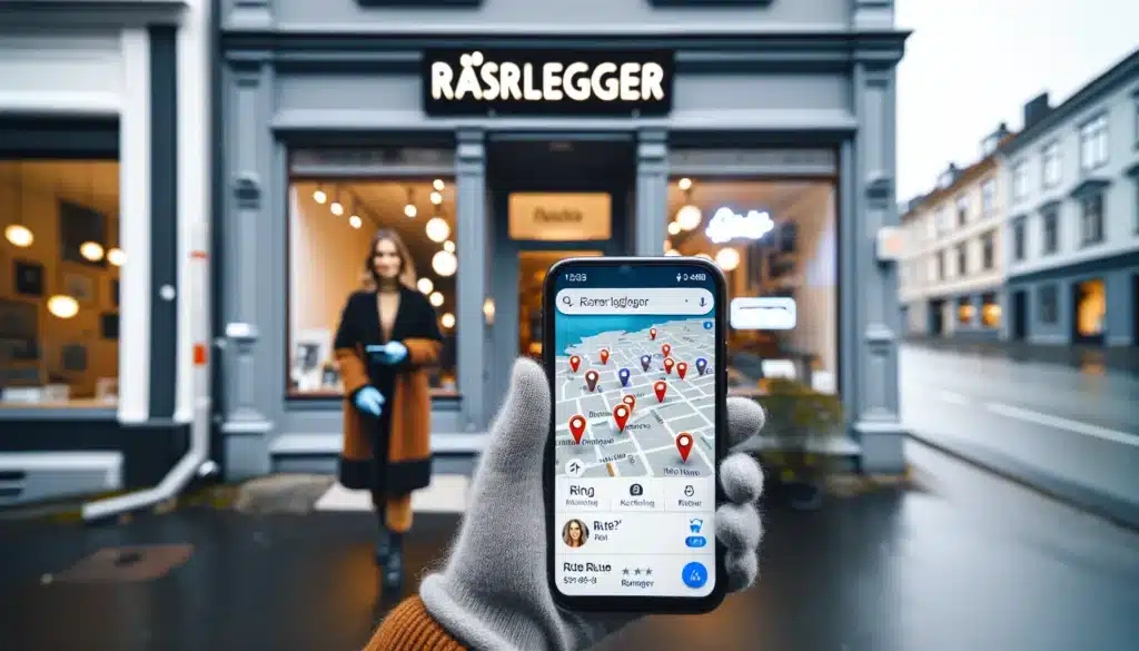 Norwegian shop owner shows local search results on phone outside storefront