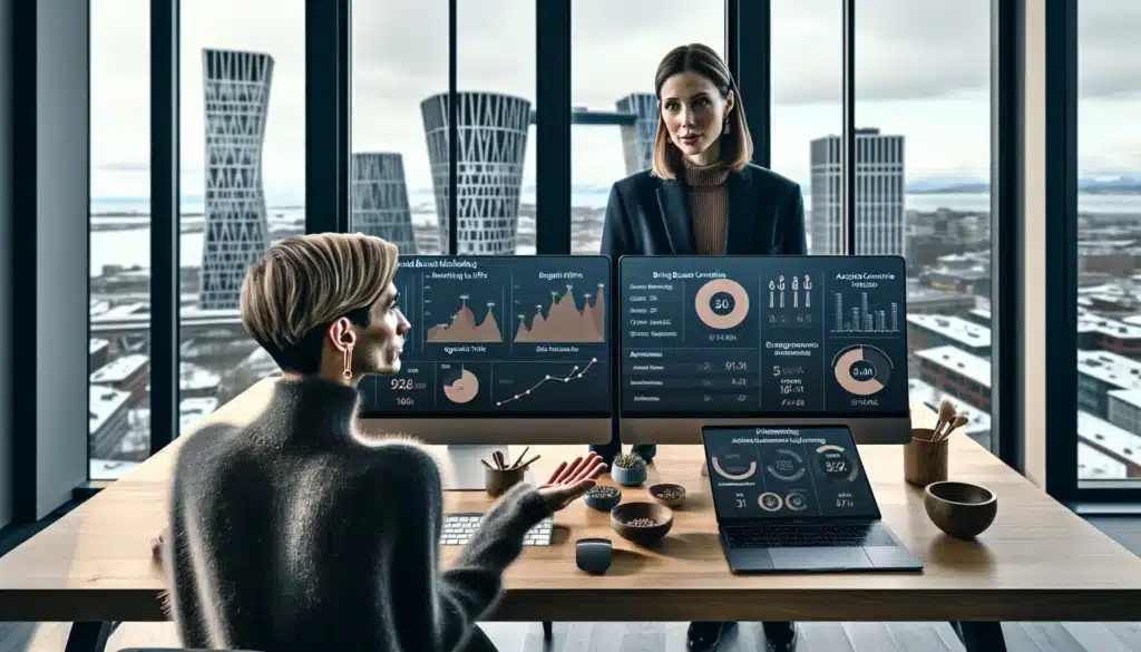 Two marketers compare inbound and abm dashboards in a modern oslo office